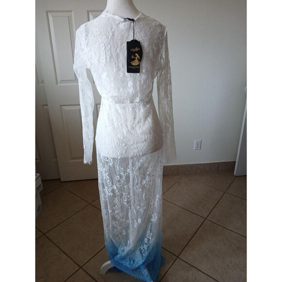 Elegant White and Blue Lace Maxi Dress - Picture 5 of 13